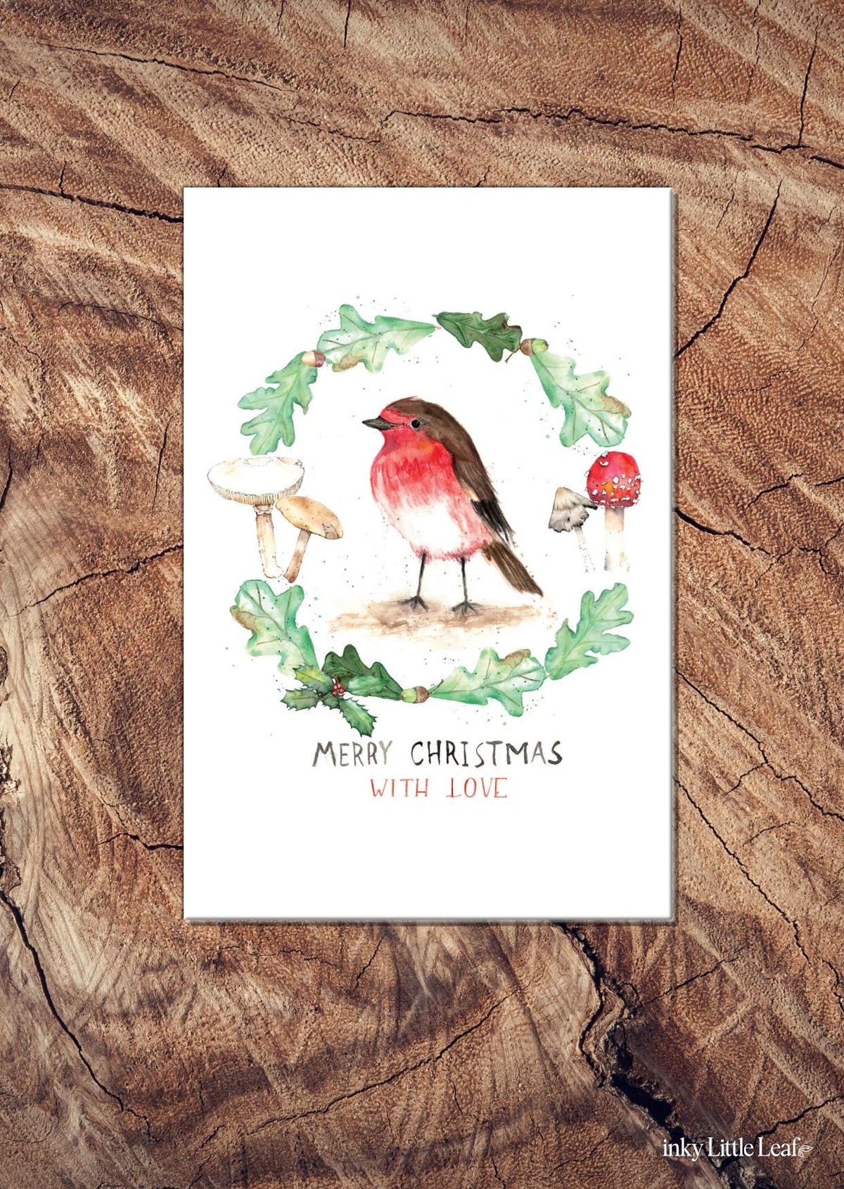 Watercolour winter wreath with Robin Christmas Card | Nature art