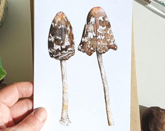 Magpie Inkcap Mushroom Watercolour Card