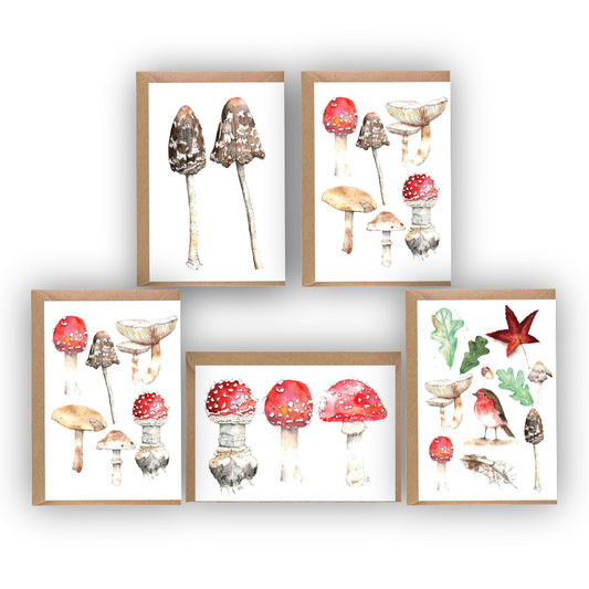 Mushroom Watercolour Cards Set of 5, Woodland Fungi Botanical Art (A6 Blank)